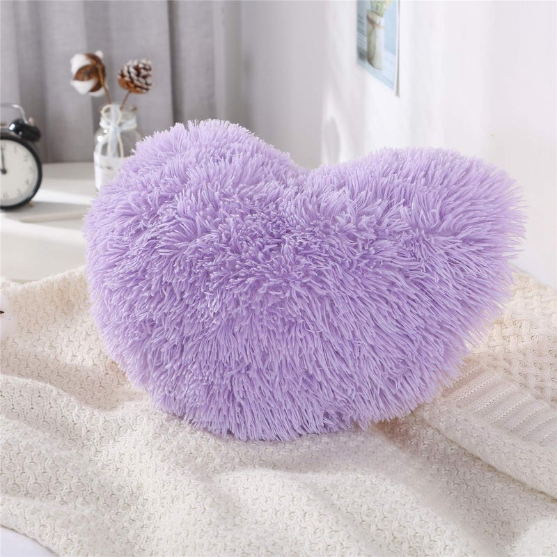 MOOWOO Fluffy Heart Pillow, Faux Fur Throw Pillow,Sherpa Plush Fluffy, Cute Soft Throw Cushion, Christmas Day,Valentines Day Decor for Home Bed Couch (Purple) - Image 1